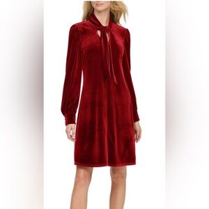 Calvin Klein panne velvet dress w/tie. Cherry red size 12. Bell sleeves/ v-neck